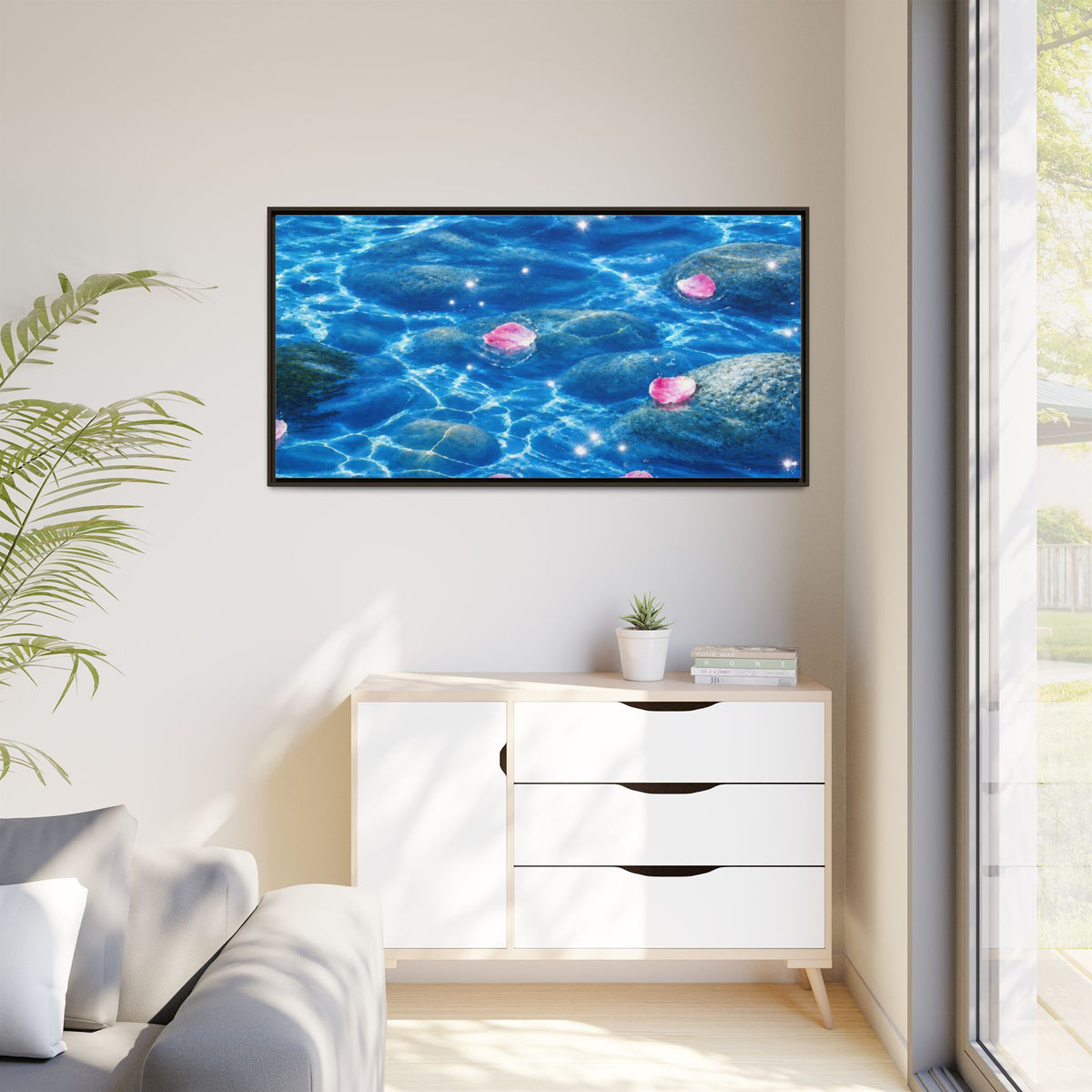 Framed Matte Canvas - Tranquil Blue Water with Floating Pink Petals