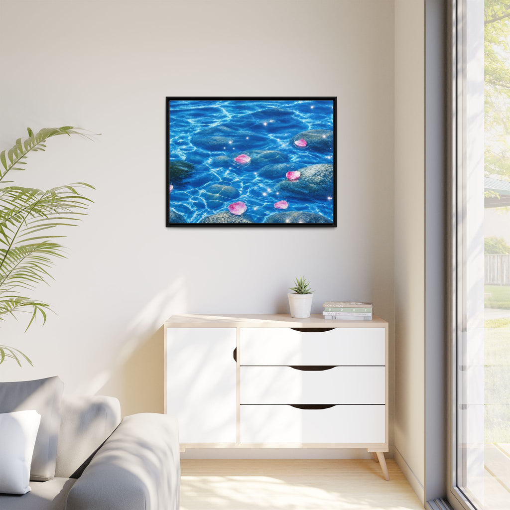 Framed Matte Canvas - Tranquil Blue Water with Floating Pink Petals