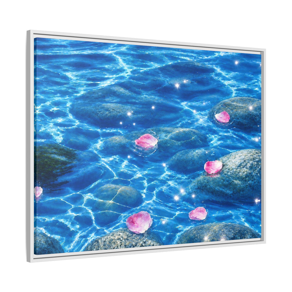 Framed Matte Canvas - Tranquil Blue Water with Floating Pink Petals