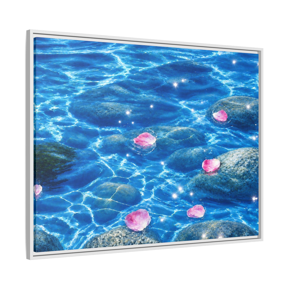 Framed Matte Canvas - Tranquil Blue Water with Floating Pink Petals