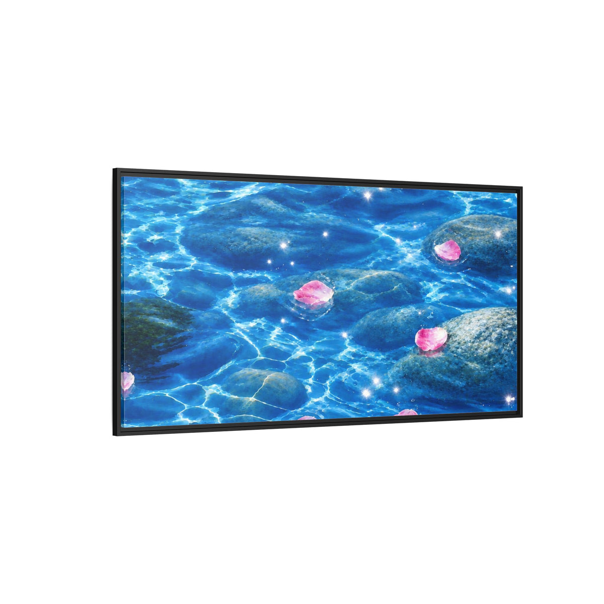 Framed Matte Canvas - Tranquil Blue Water with Floating Pink Petals
