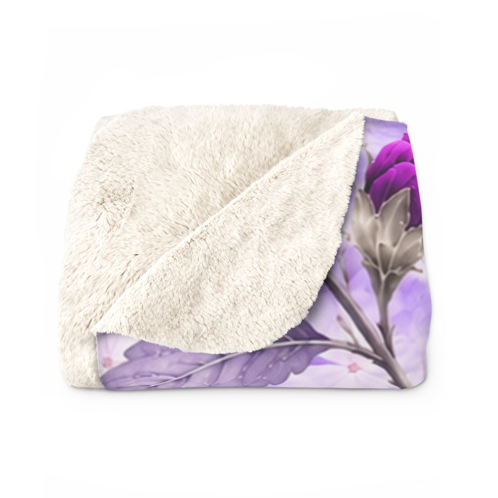 Floral Sherpa Blanket — Purple Hollyhock Fleece Throw filled with warmth and softness.