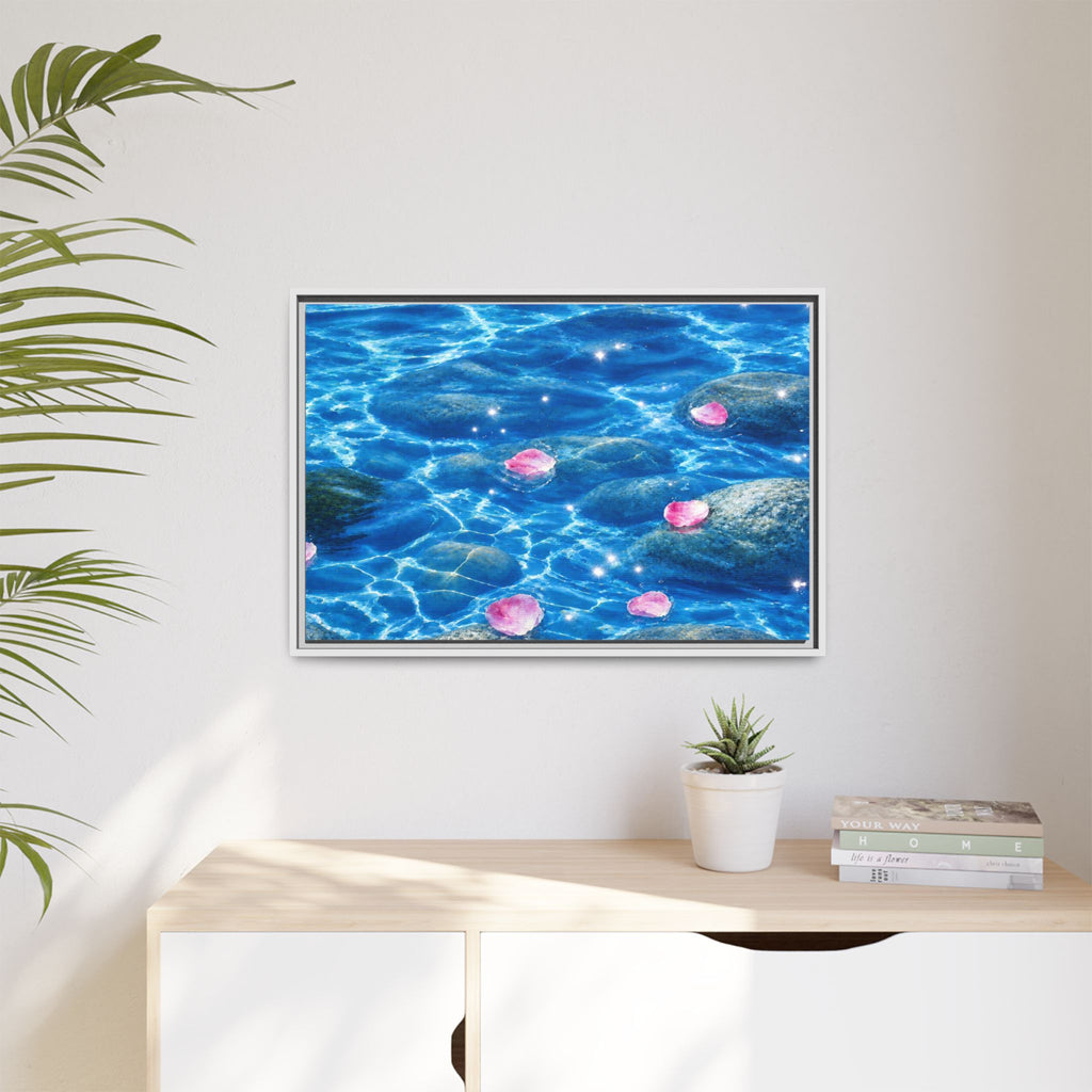 Framed Matte Canvas - Tranquil Blue Water with Floating Pink Petals