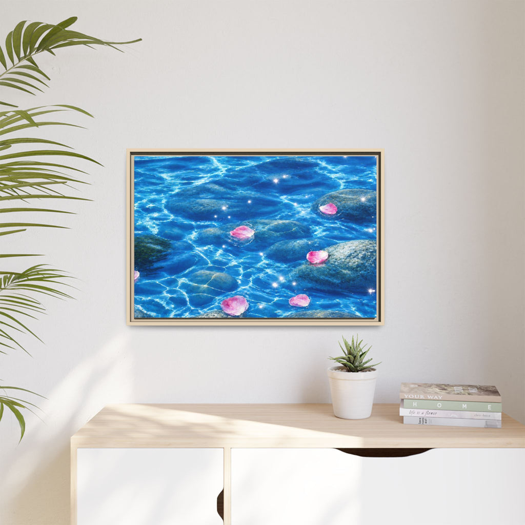 Framed Matte Canvas - Tranquil Blue Water with Floating Pink Petals