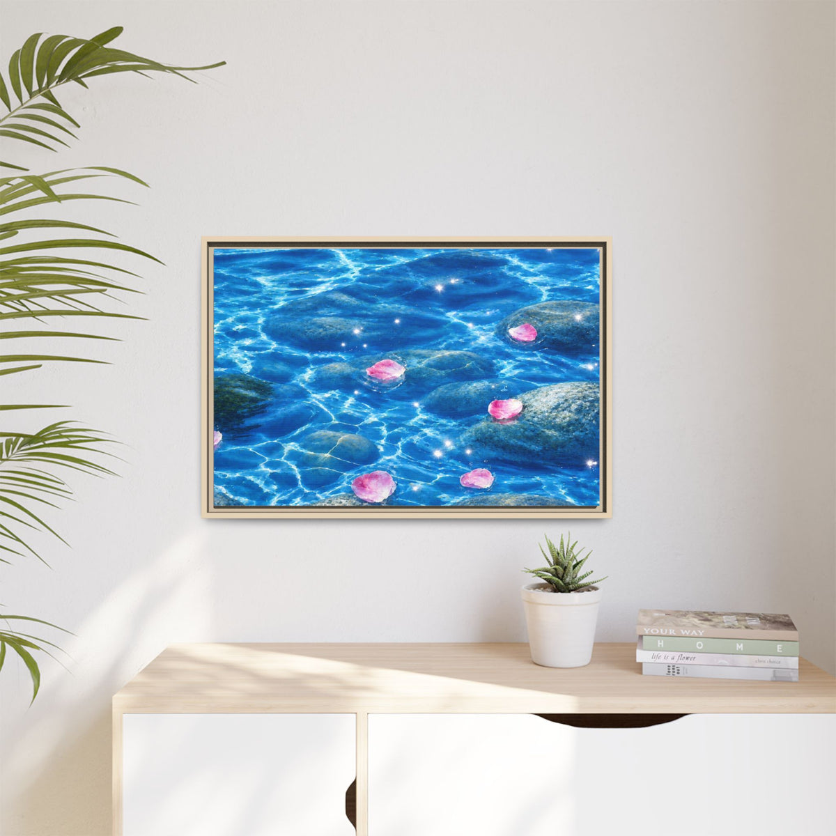 Framed Matte Canvas - Tranquil Blue Water with Floating Pink Petals