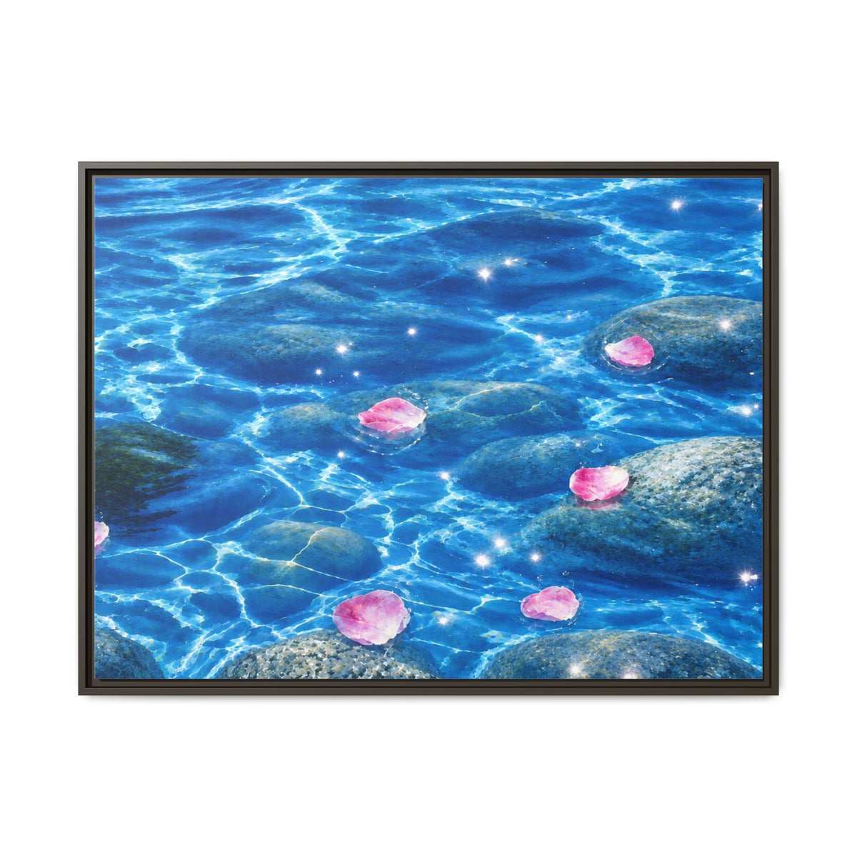 Framed Matte Canvas - Tranquil Blue Water with Floating Pink Petals