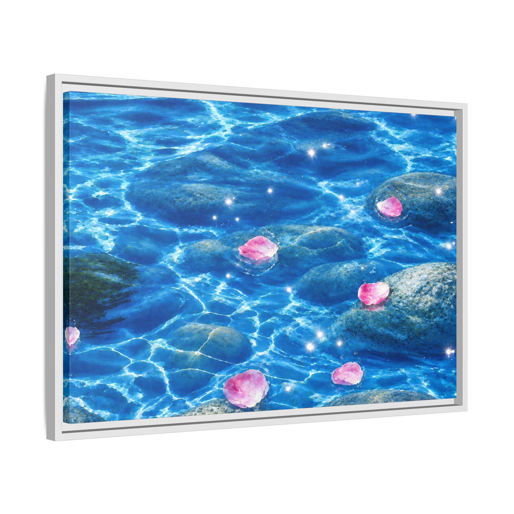 Framed Matte Canvas - Tranquil Blue Water with Floating Pink Petals