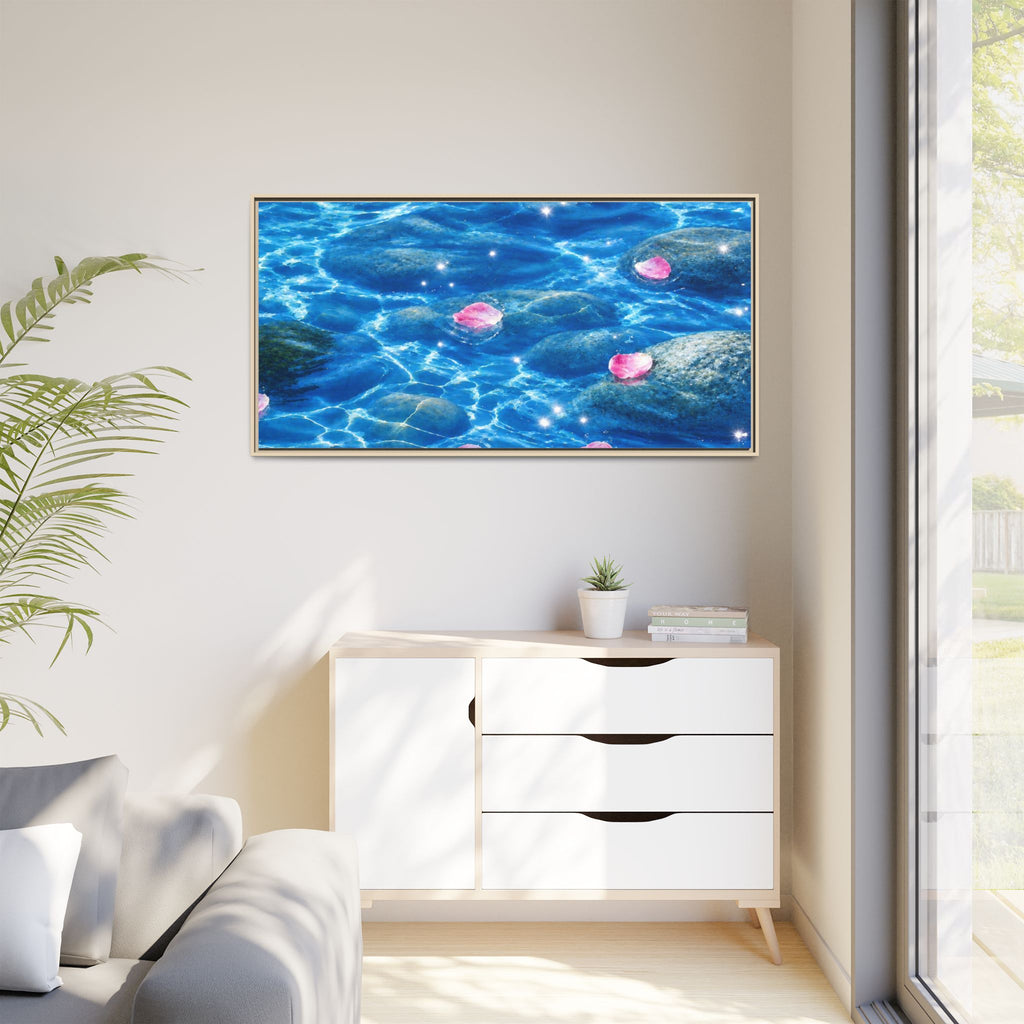 Framed Matte Canvas - Tranquil Blue Water with Floating Pink Petals