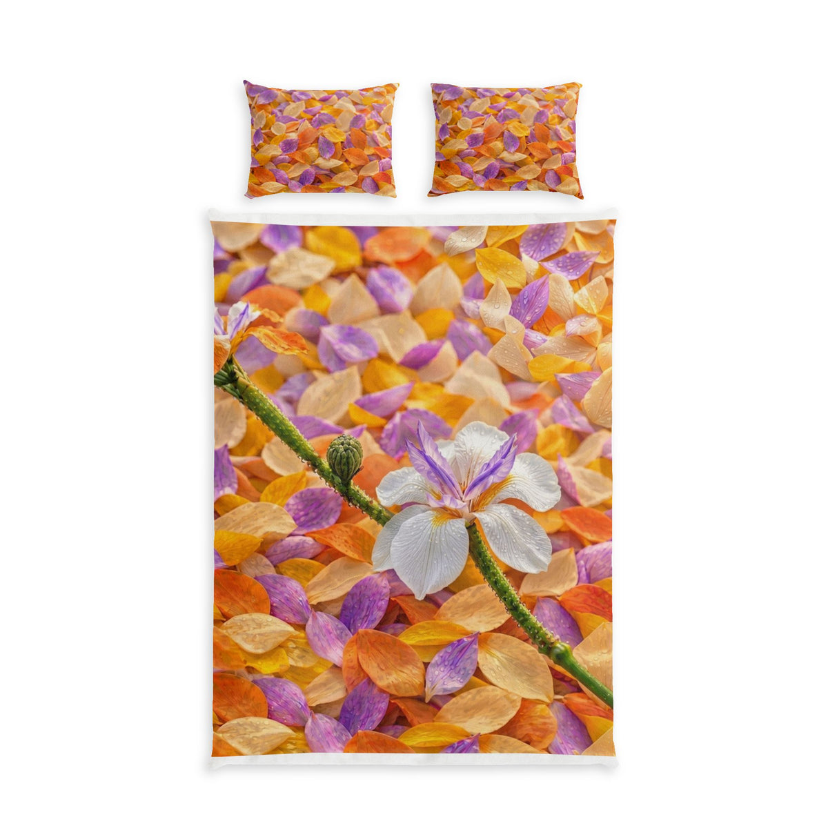 Floral Petal Cotton Bed Set — Orange & Lavender Botanical Duvet Cover