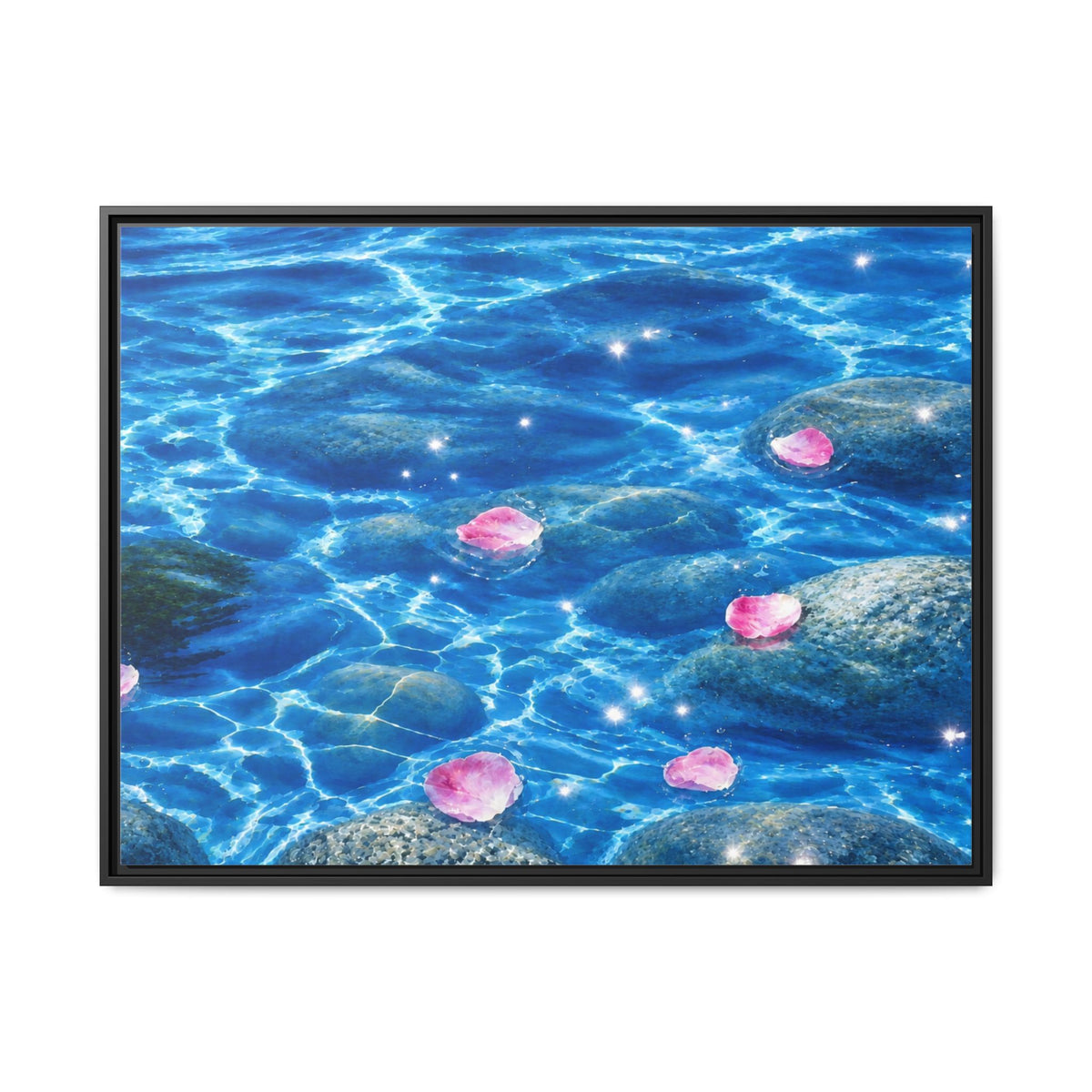 Framed Matte Canvas - Tranquil Blue Water with Floating Pink Petals