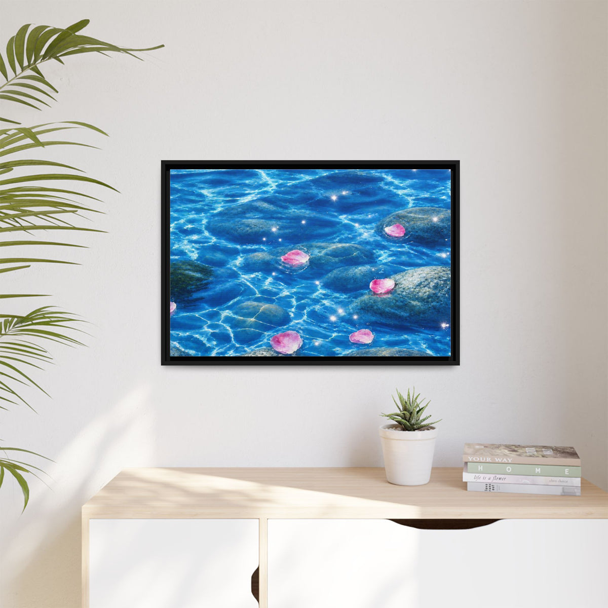 Framed Matte Canvas - Tranquil Blue Water with Floating Pink Petals