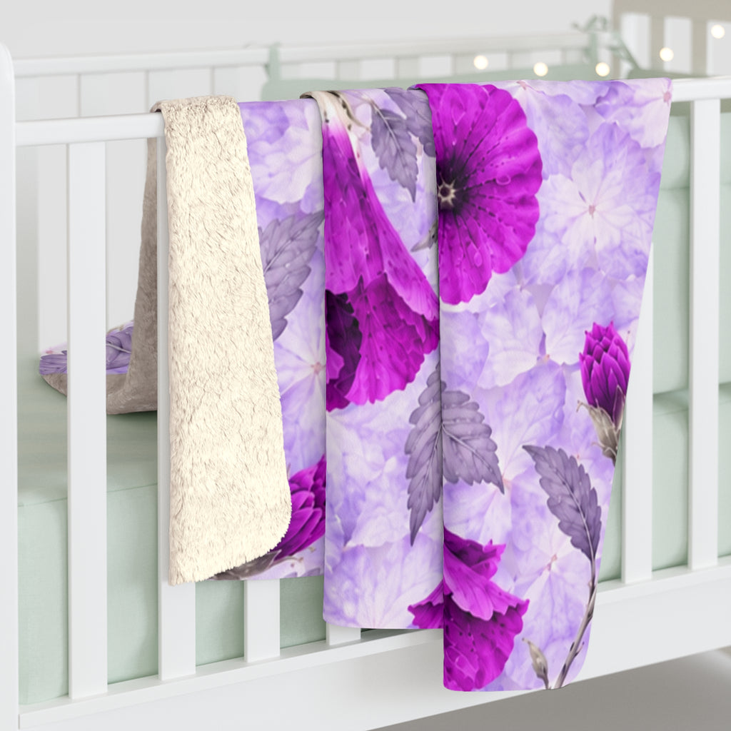 Floral Sherpa Blanket — Purple Hollyhock Fleece Throw filled with warmth and softness.