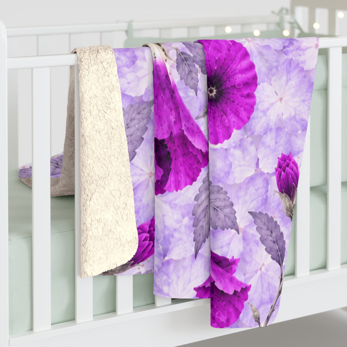 Floral Sherpa Blanket — Purple Hollyhock Fleece Throw filled with warmth and softness.