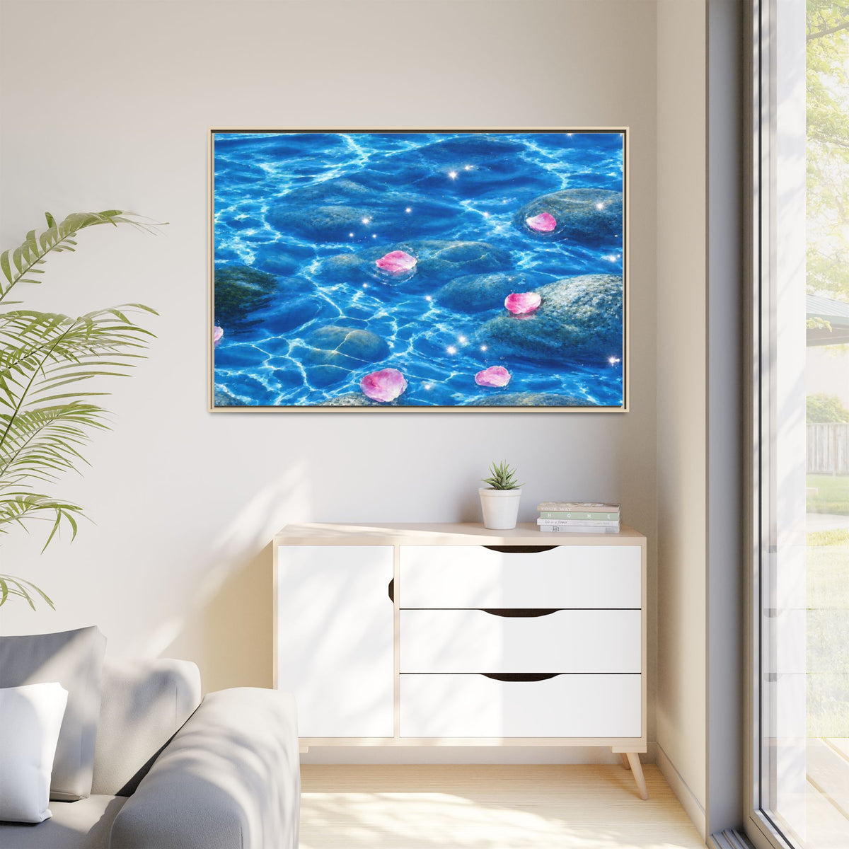 Framed Matte Canvas - Tranquil Blue Water with Floating Pink Petals