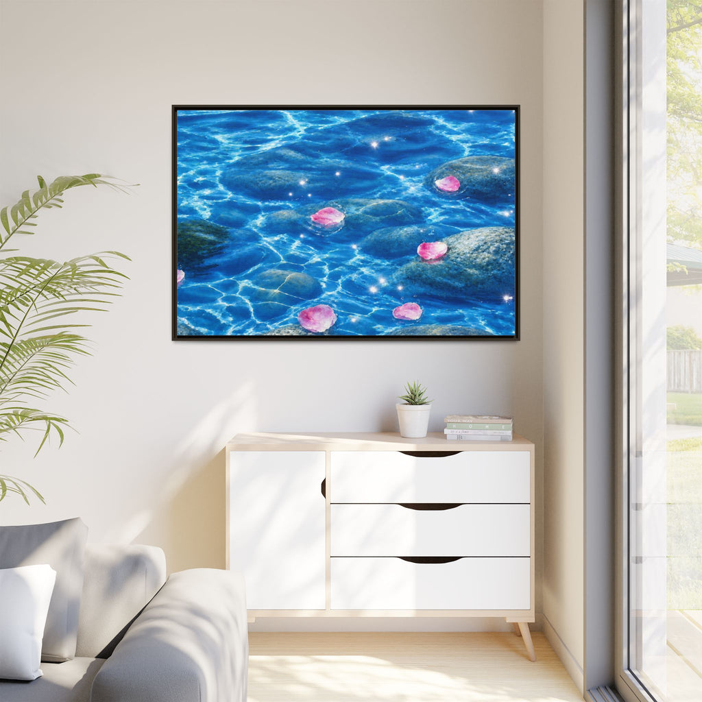 Framed Matte Canvas - Tranquil Blue Water with Floating Pink Petals