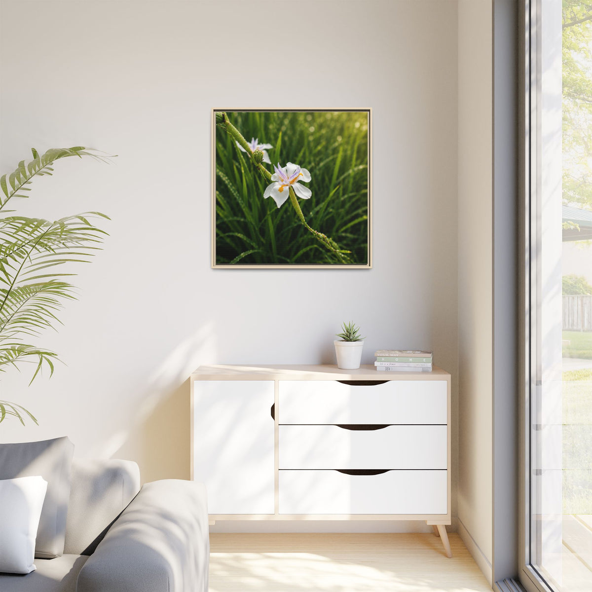 White Iris in Dewy Grass (Matte)-Framed Floral Canvas Art