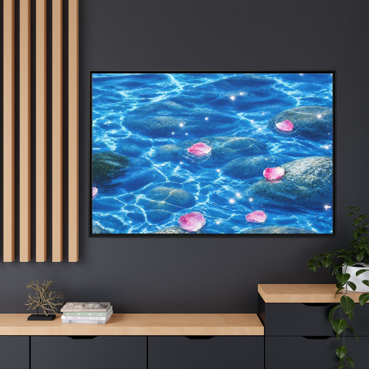 Framed Matte Canvas - Tranquil Blue Water with Floating Pink Petals