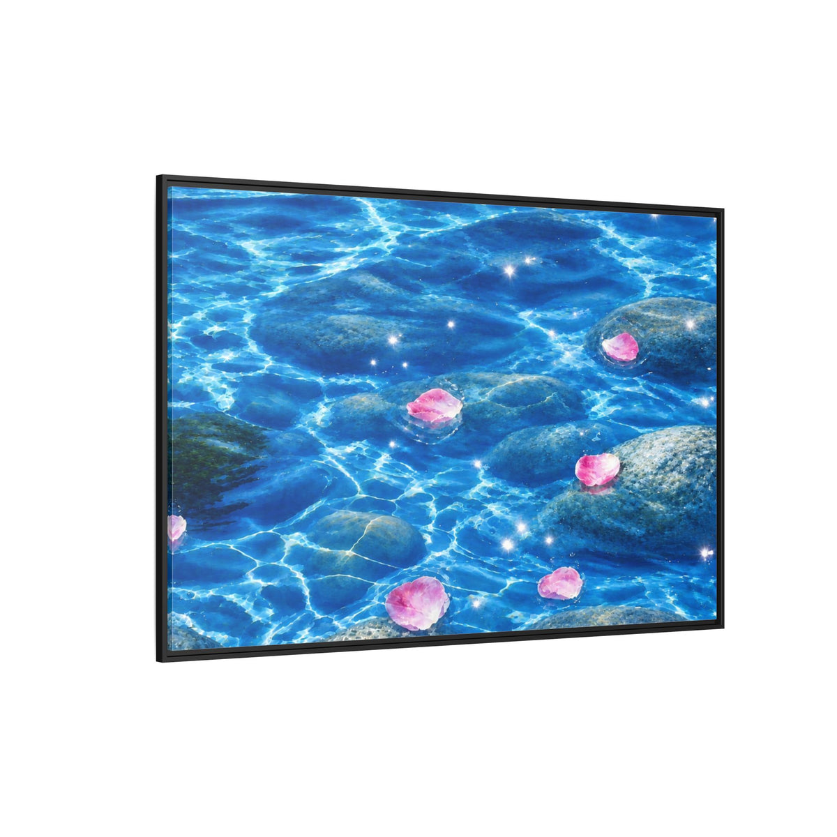 Framed Matte Canvas - Tranquil Blue Water with Floating Pink Petals