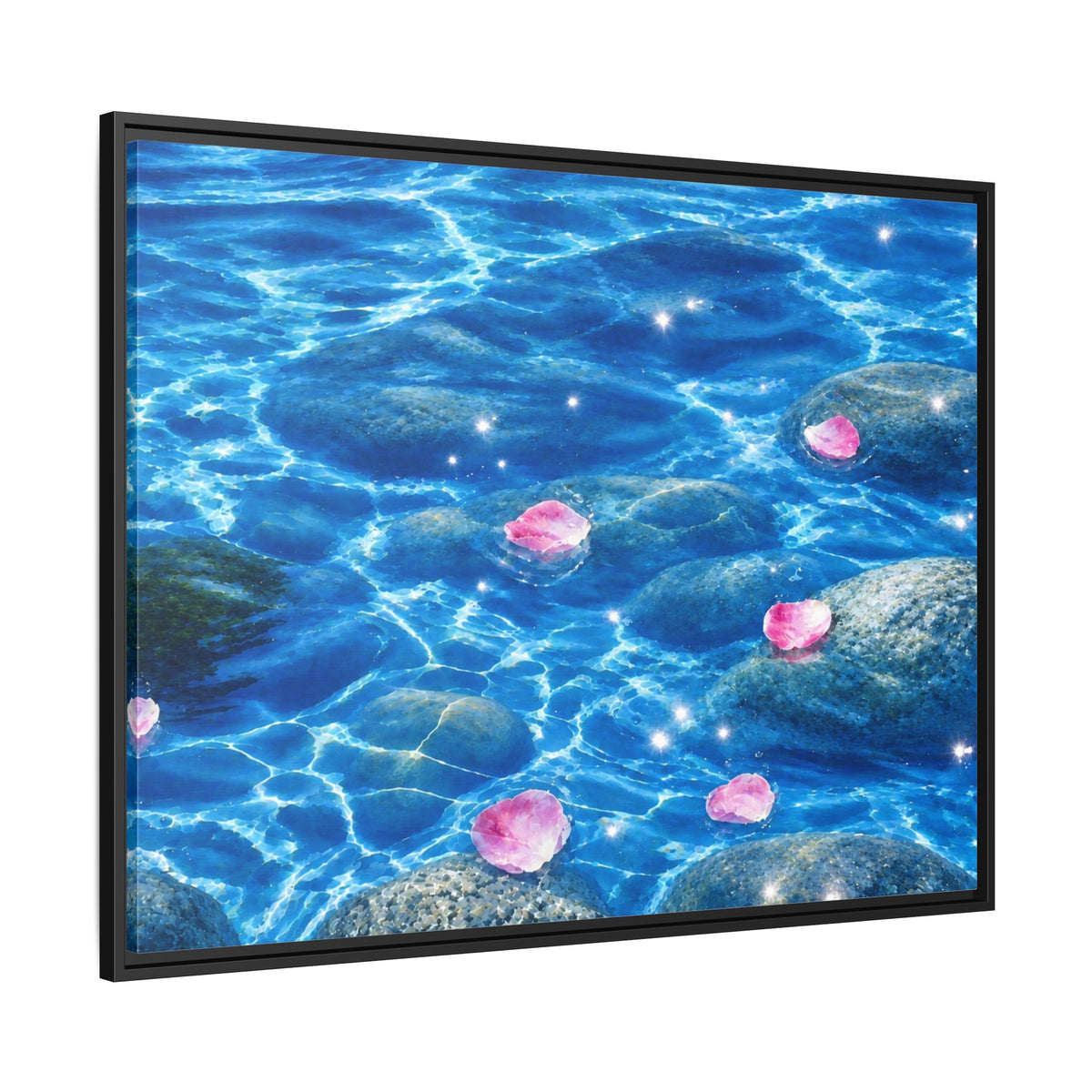 Framed Matte Canvas - Tranquil Blue Water with Floating Pink Petals