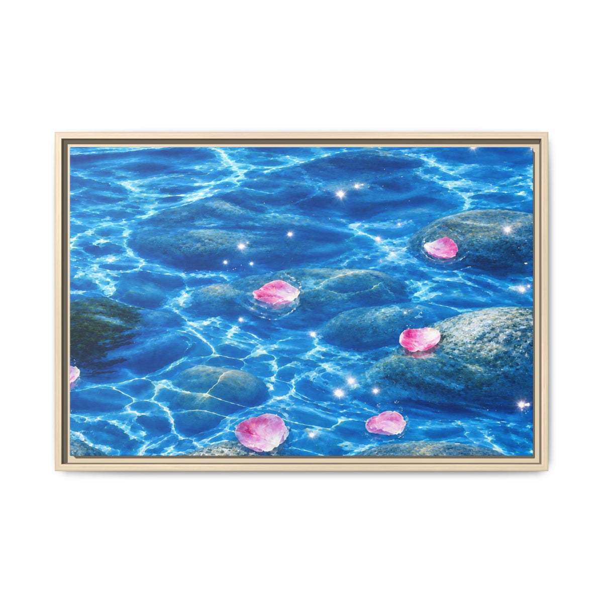 Framed Matte Canvas - Tranquil Blue Water with Floating Pink Petals