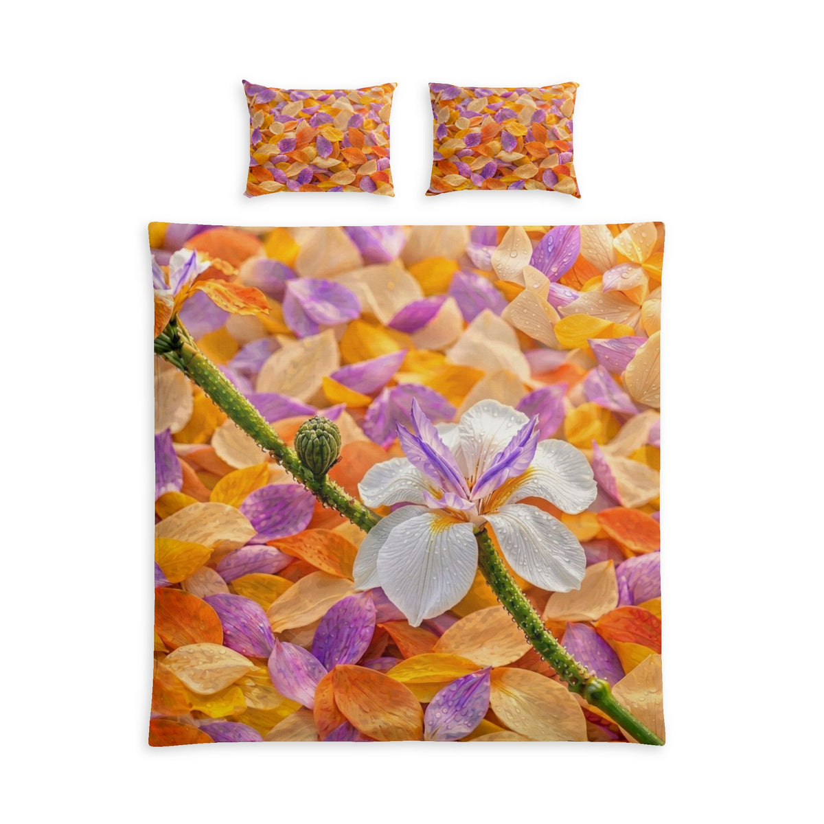 Floral Petal Cotton Bed Set — Orange & Lavender Botanical Duvet Cover