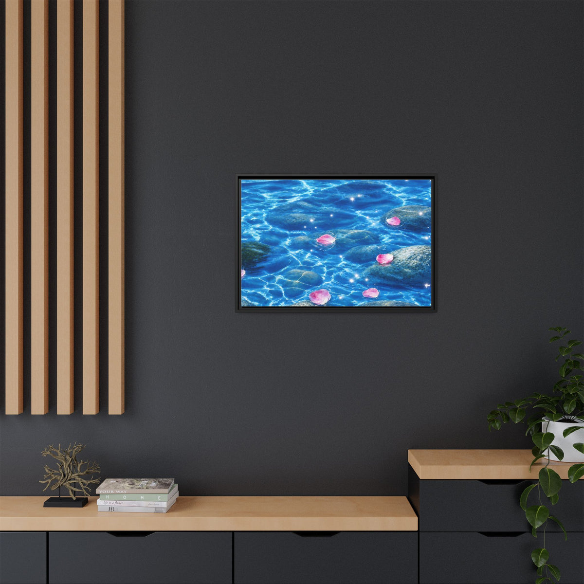 Framed Matte Canvas - Tranquil Blue Water with Floating Pink Petals