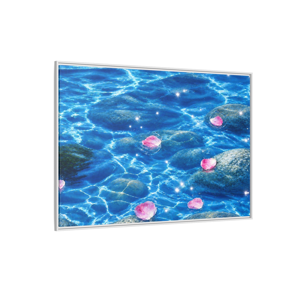 Framed Matte Canvas - Tranquil Blue Water with Floating Pink Petals