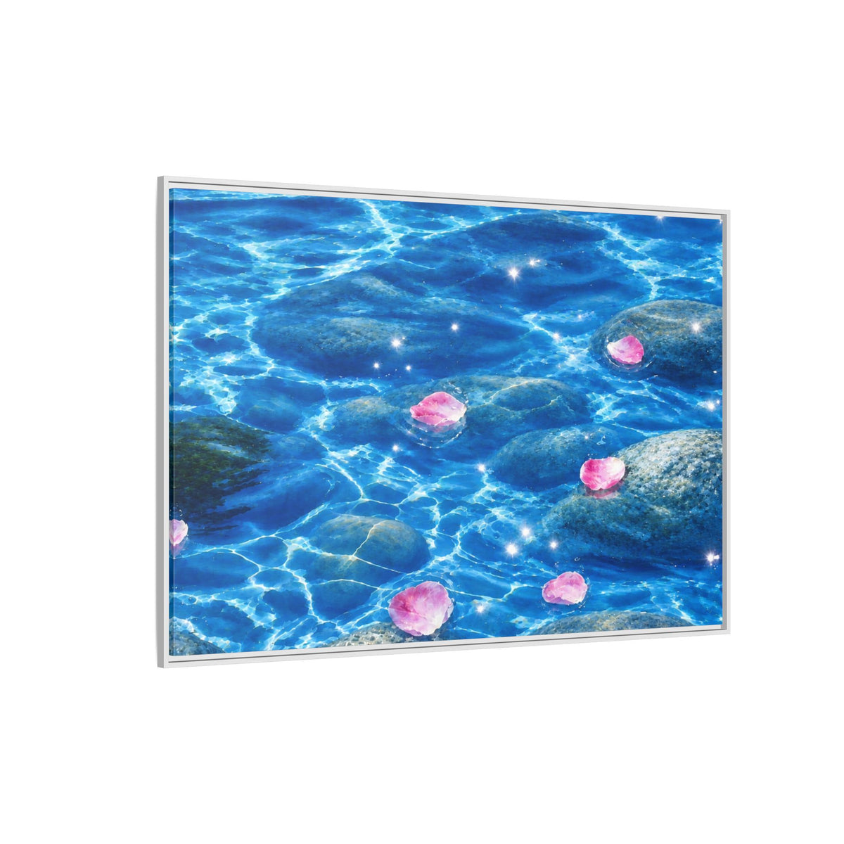 Framed Matte Canvas - Tranquil Blue Water with Floating Pink Petals