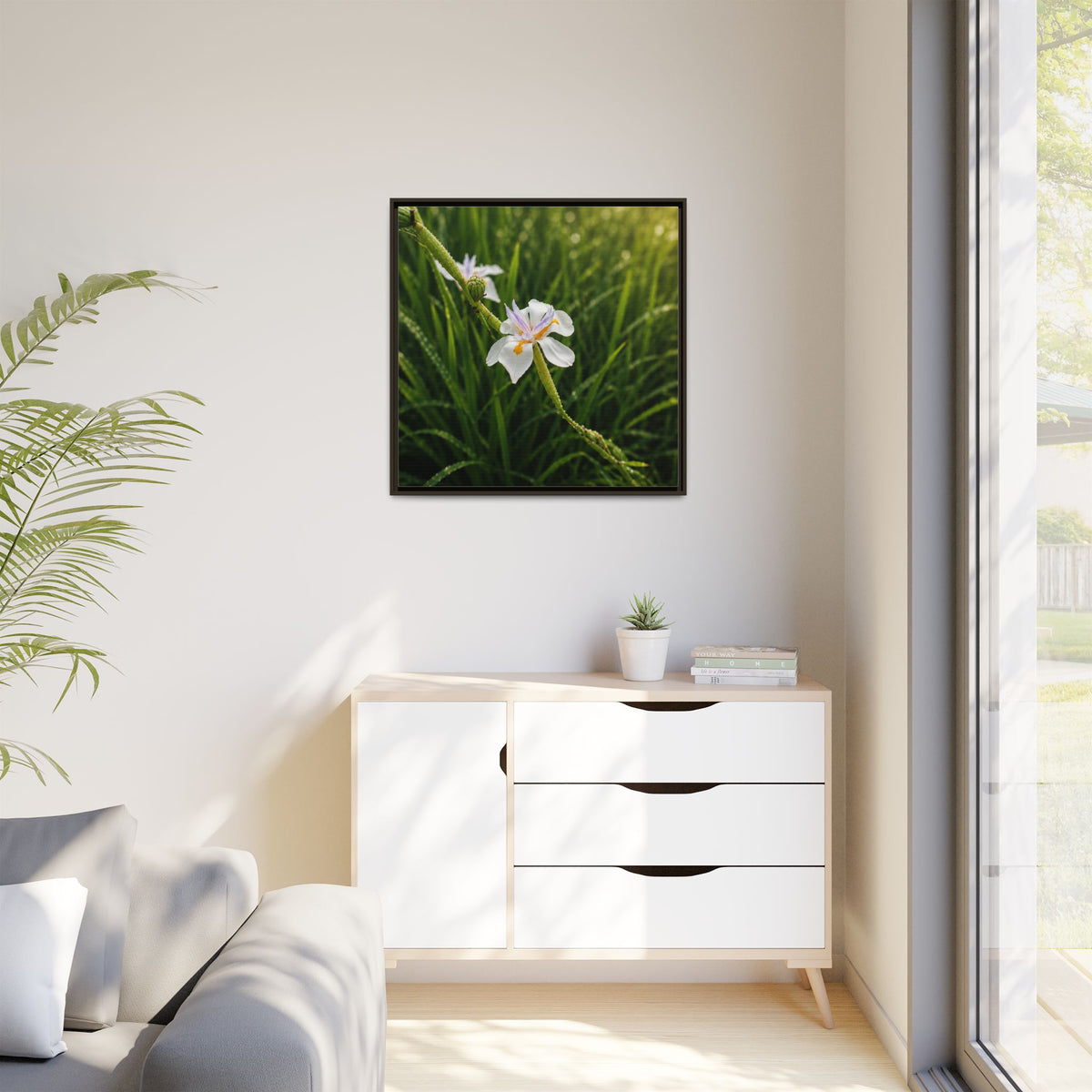White Iris in Dewy Grass (Matte)-Framed Floral Canvas Art