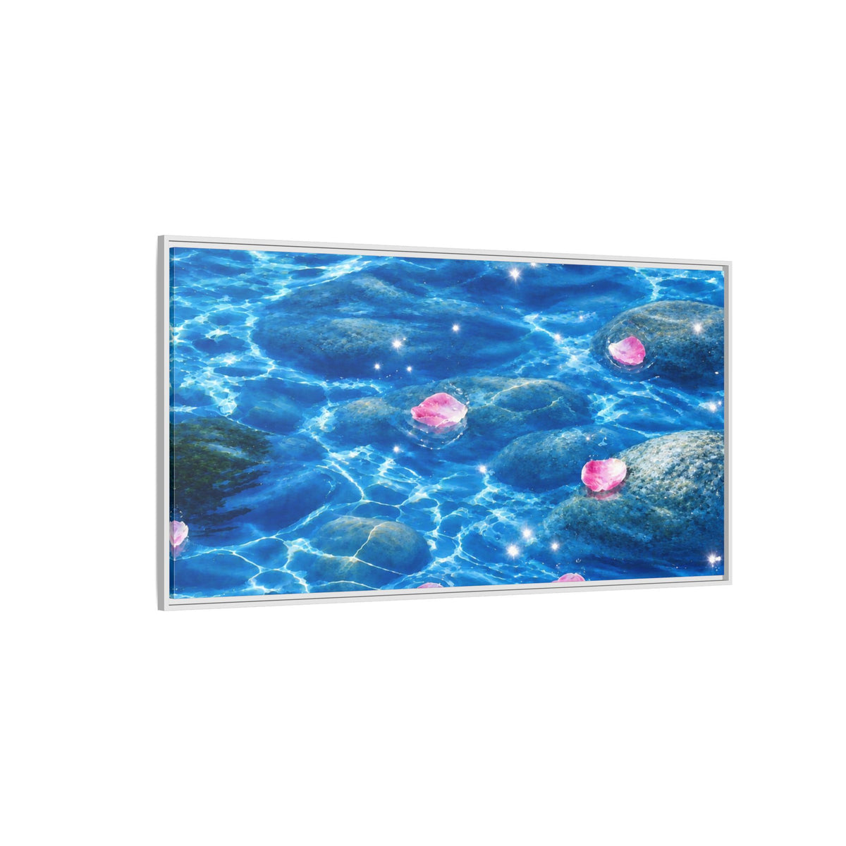Framed Matte Canvas - Tranquil Blue Water with Floating Pink Petals