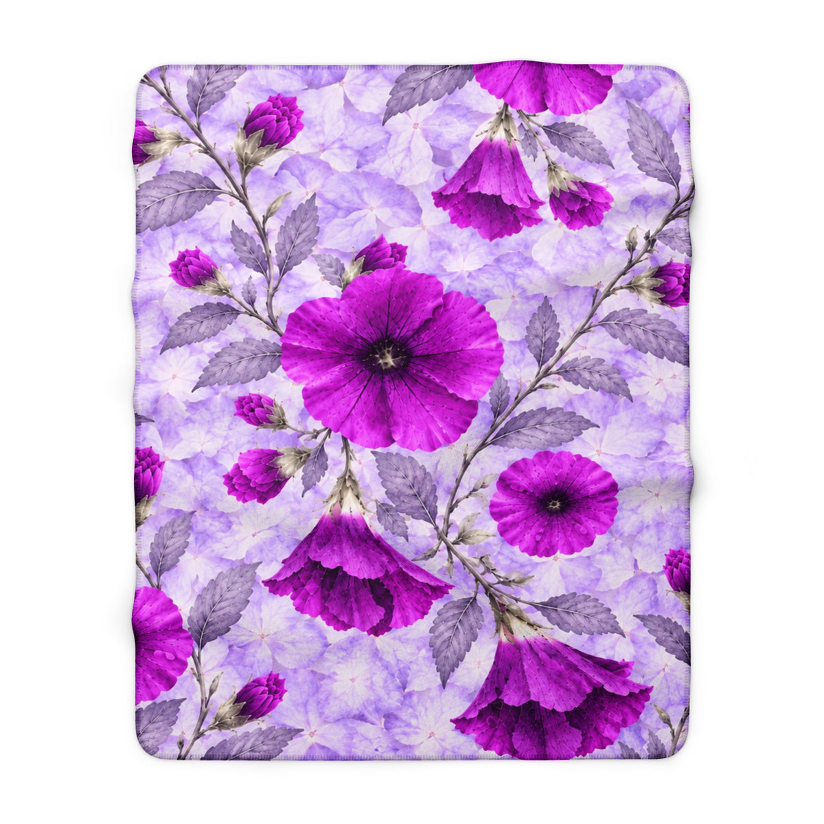 Floral Sherpa Blanket — Purple Hollyhock Fleece Throw filled with warmth and softness.