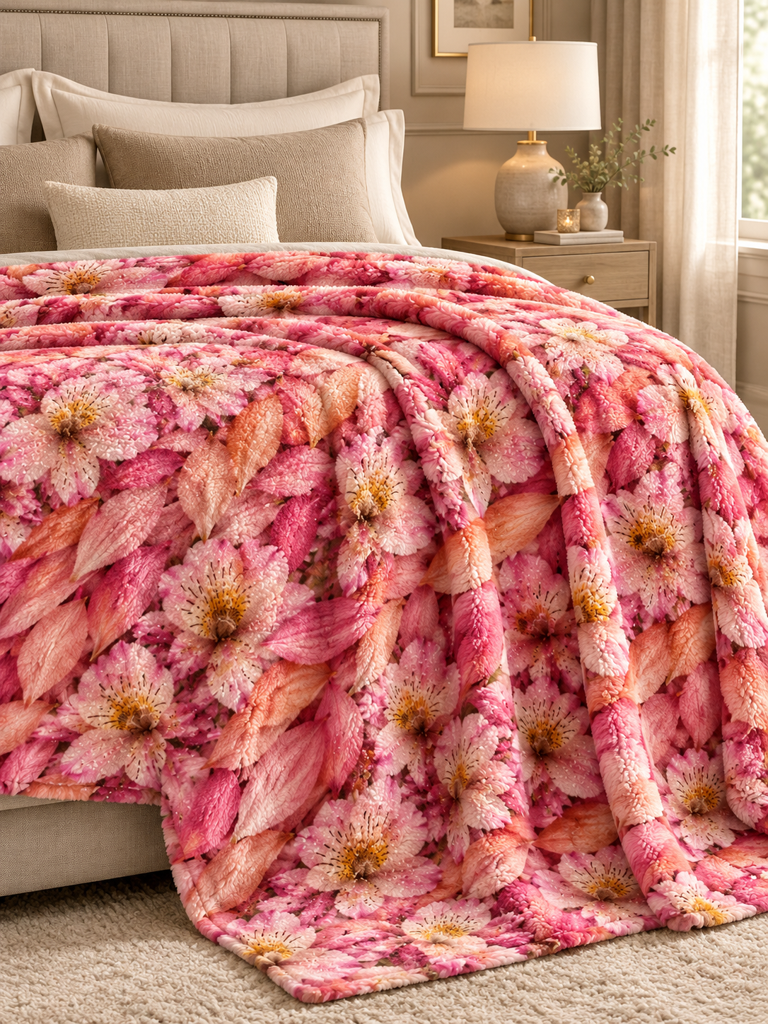 Sherpa Blanket — Pink Floral Knit Pattern Cozy Throw