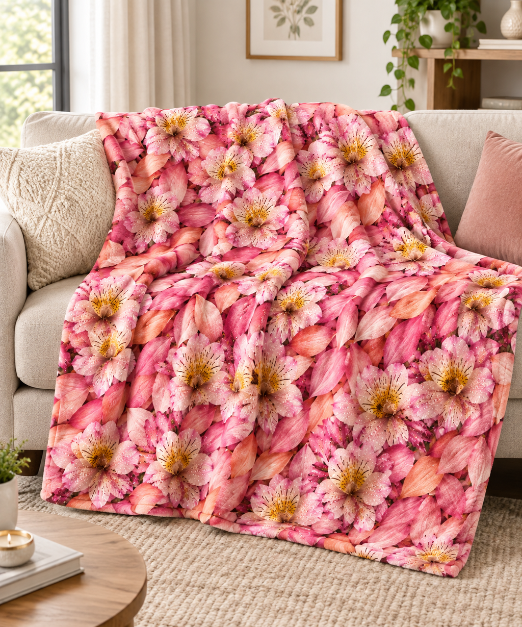Floral Knit-Texture Minky Blanket — Soft Pink Blossom Throw