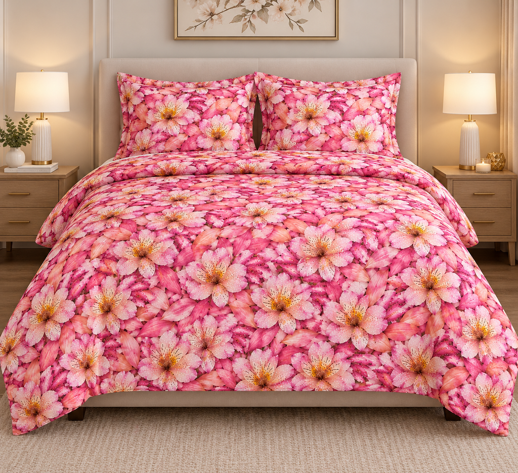 Pink Floral Cotton Bed Set – Ditsy Blossom Duvet Cover & Pillowcases