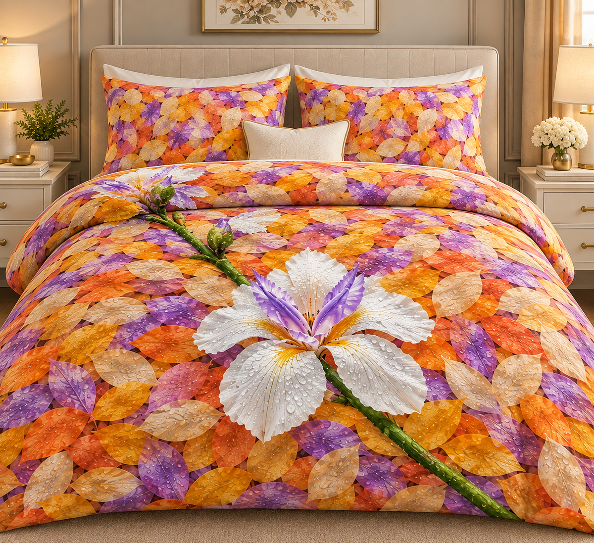 Floral Petal Cotton Bed Set — Orange & Lavender Botanical Duvet Cover