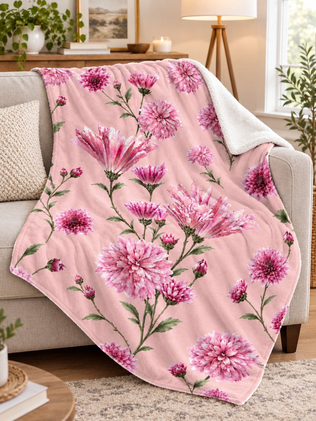 Pink Floral Sherpa Blanket – Cozy Reversible Throw with Pink Chrysanthemum Pattern
