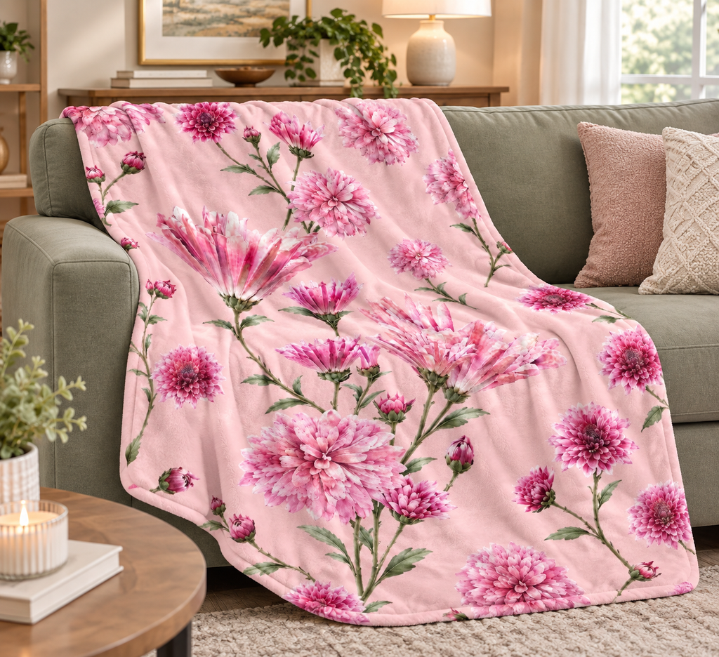 Pink Floral Minky Blanket — Soft Plush Throw with Pink Petals