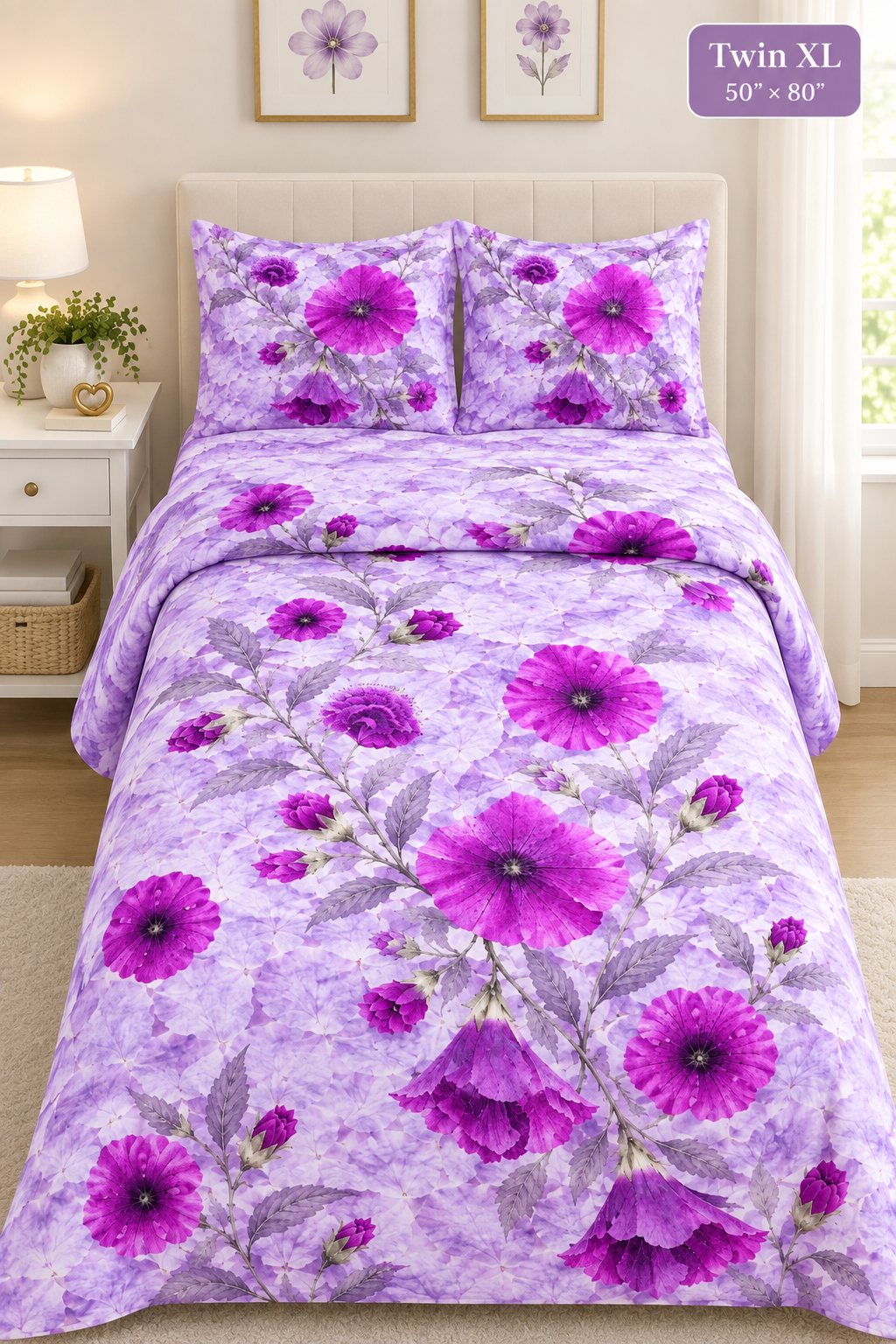 Purple Floral Cotton Bed Set – Watercolor Petunia Bedding for Bedroom Décor
