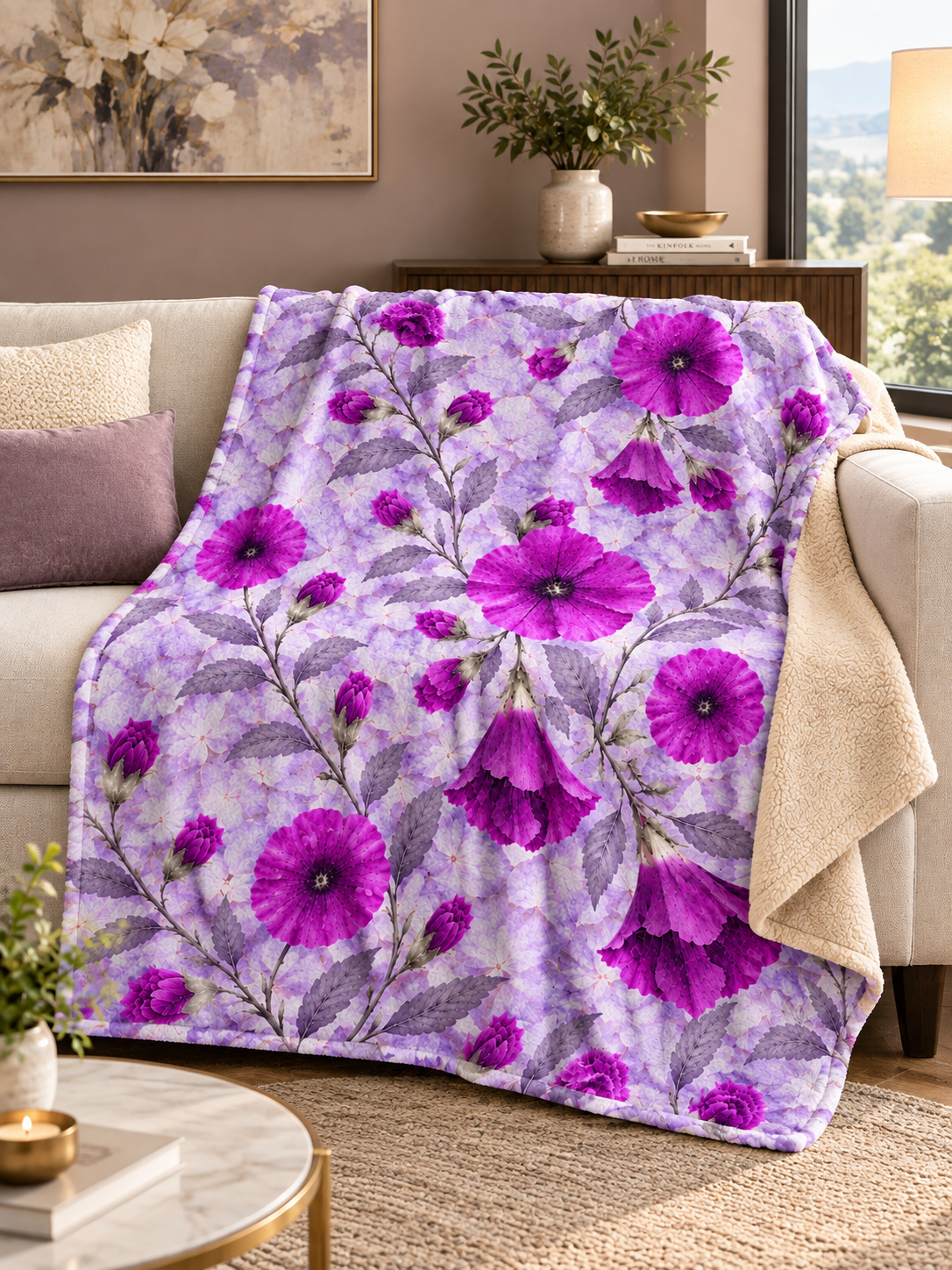 Floral Sherpa Blanket — Purple Hollyhock Fleece Throw filled with warmth and softness.