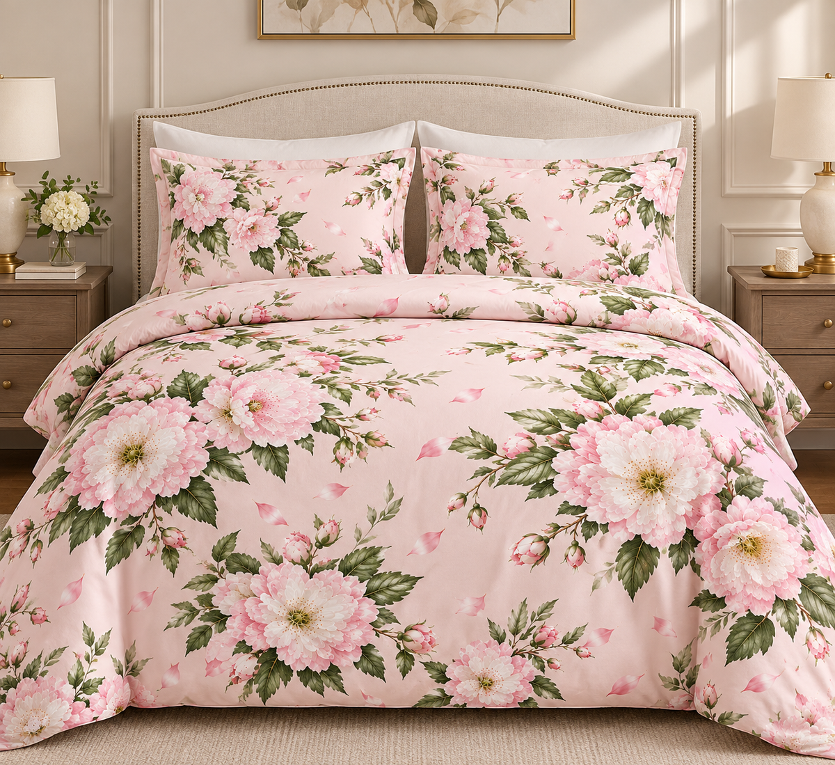 Floral Cotton Bed Set — Pink Vintage Rose Duvet Cover