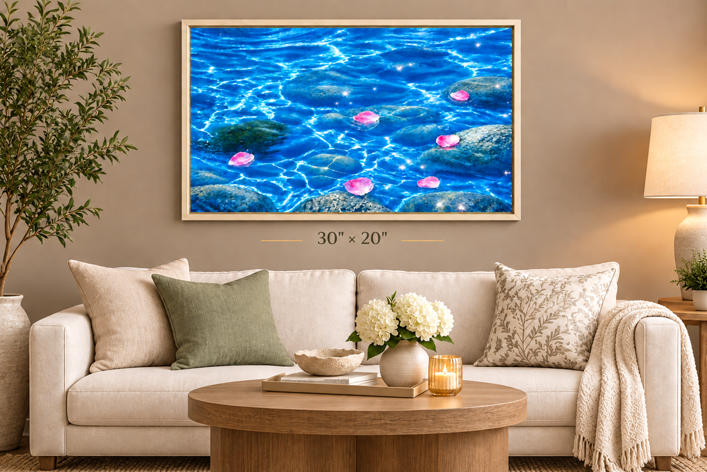 Framed Matte Canvas - Tranquil Blue Water with Floating Pink Petals