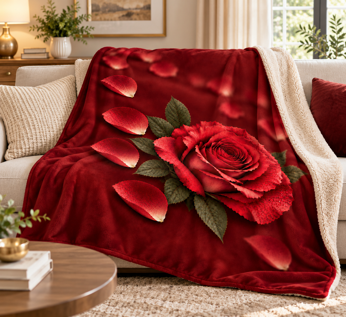 Red Rose Sherpa Fleece Blanket – Romantic Floral Throw for Valentine’s Day