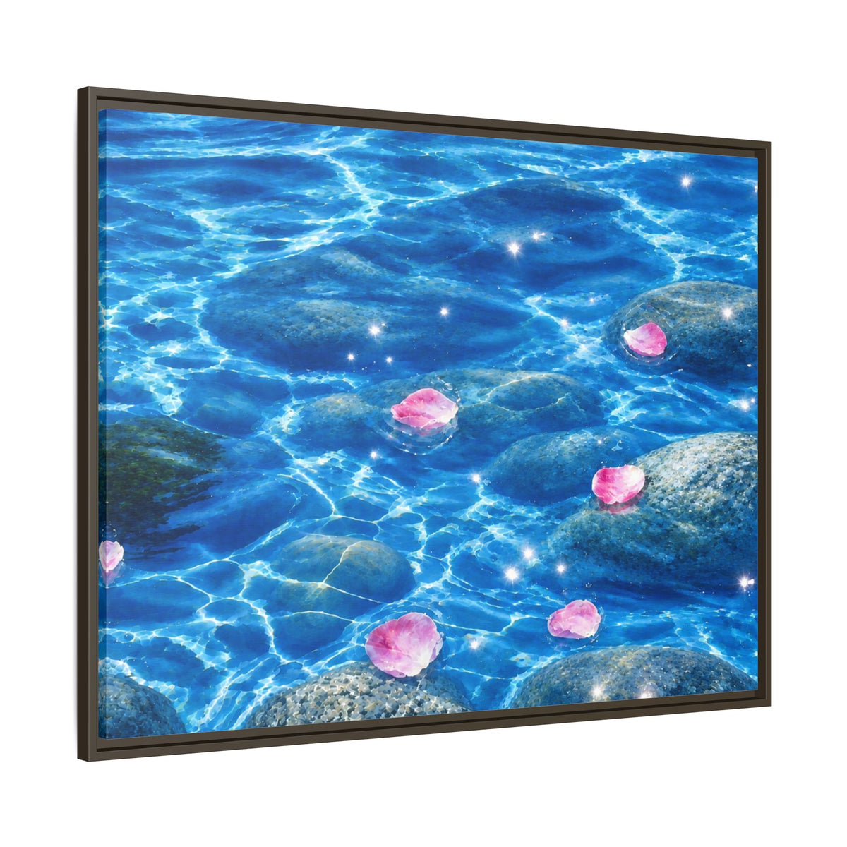 Framed Matte Canvas - Tranquil Blue Water with Floating Pink Petals