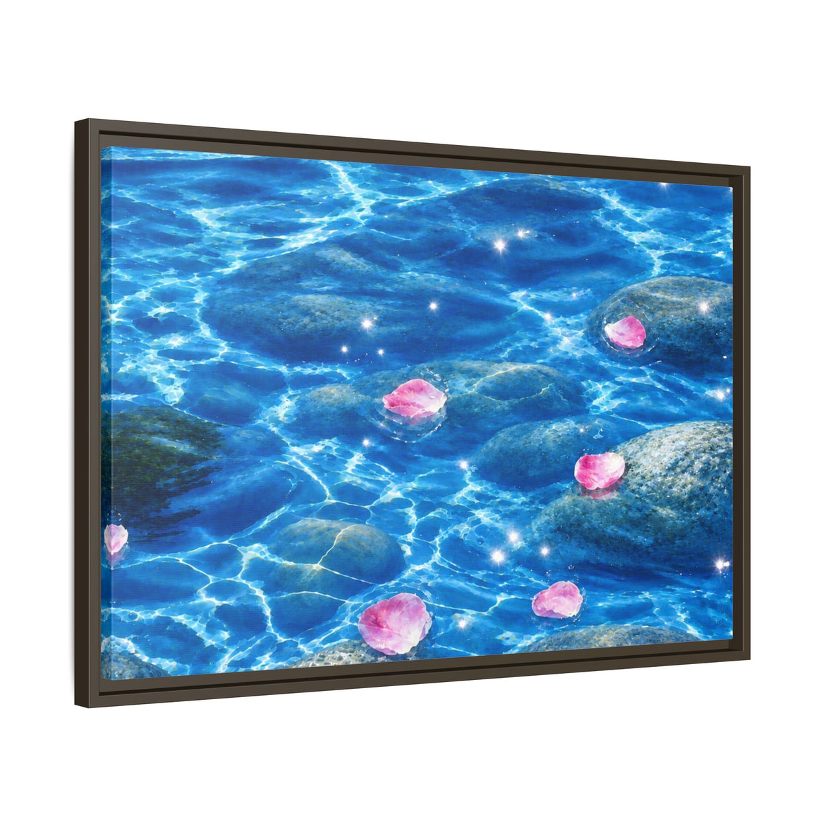 Framed Matte Canvas - Tranquil Blue Water with Floating Pink Petals