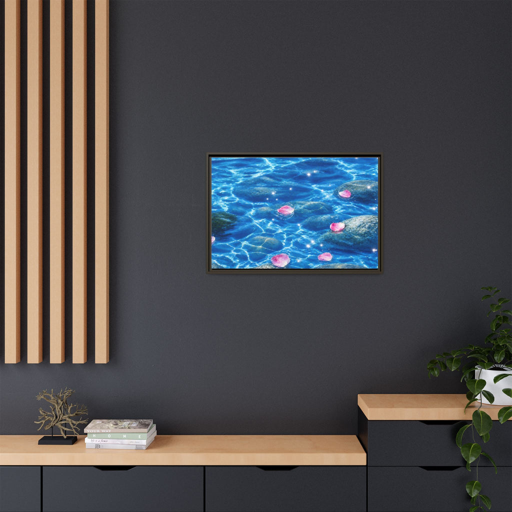 Framed Matte Canvas - Tranquil Blue Water with Floating Pink Petals