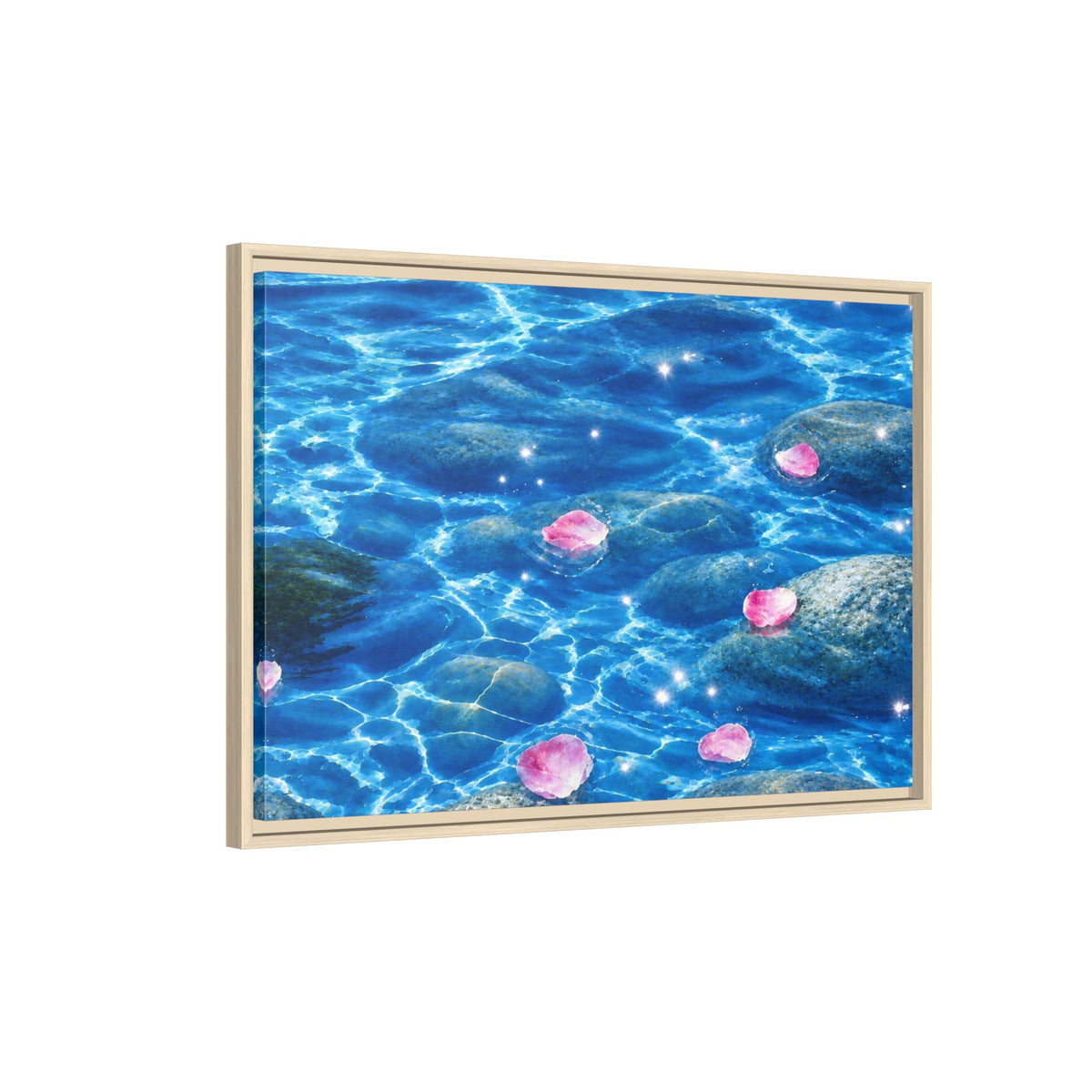 Framed Matte Canvas - Tranquil Blue Water with Floating Pink Petals