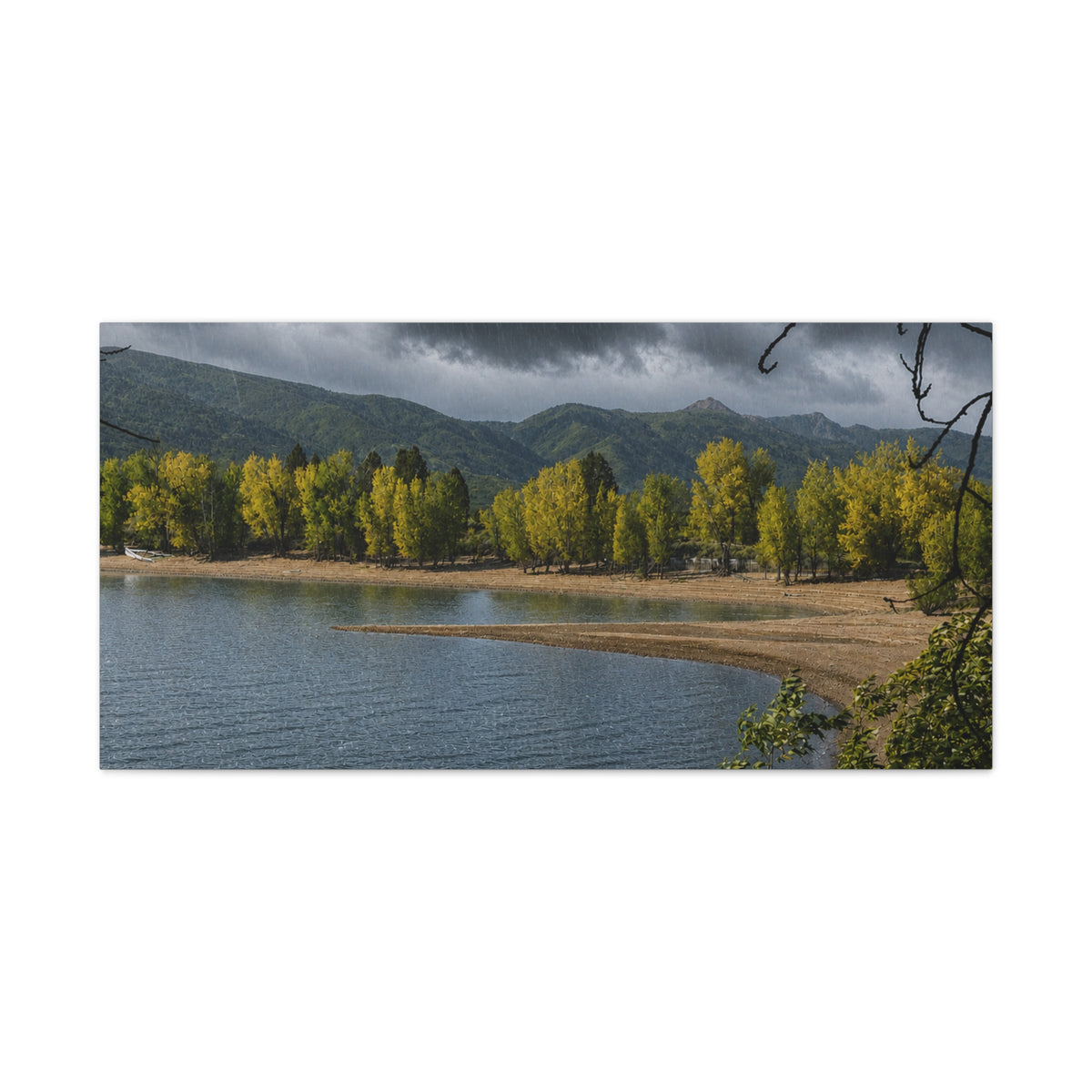 Lake Shore Whispers of Rain – Serene Lake Landscape Canvas Wall Art