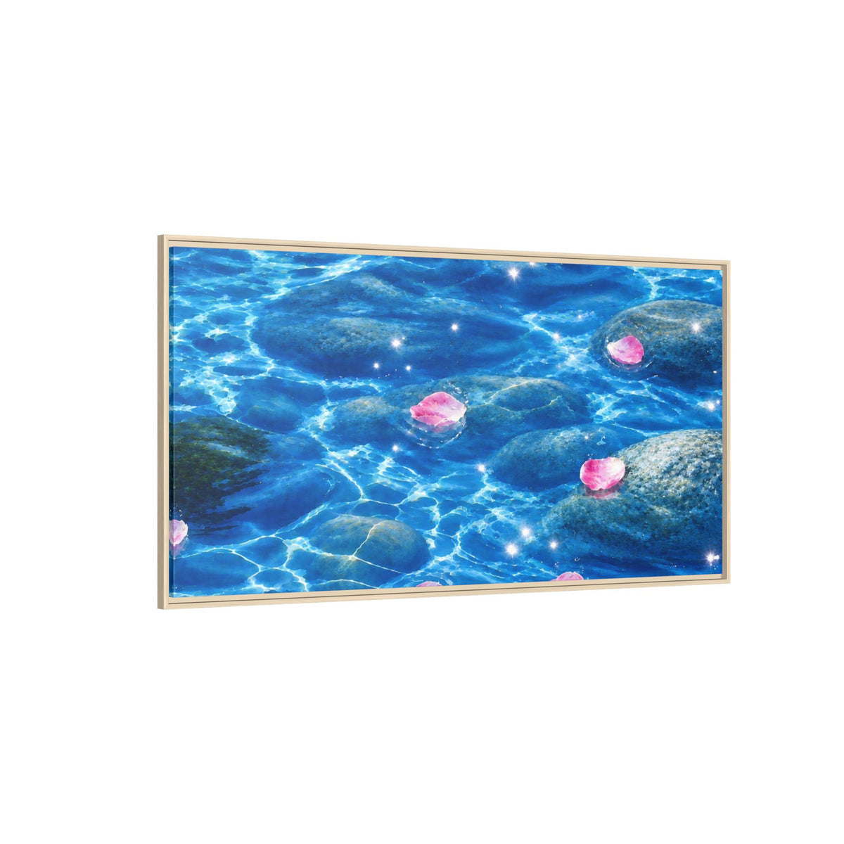 Framed Matte Canvas - Tranquil Blue Water with Floating Pink Petals