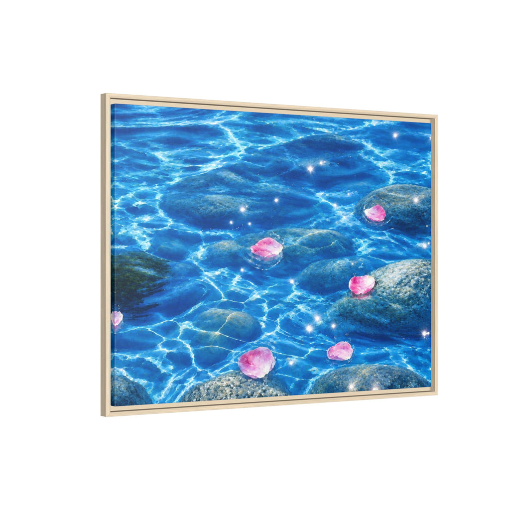 Framed Matte Canvas - Tranquil Blue Water with Floating Pink Petals