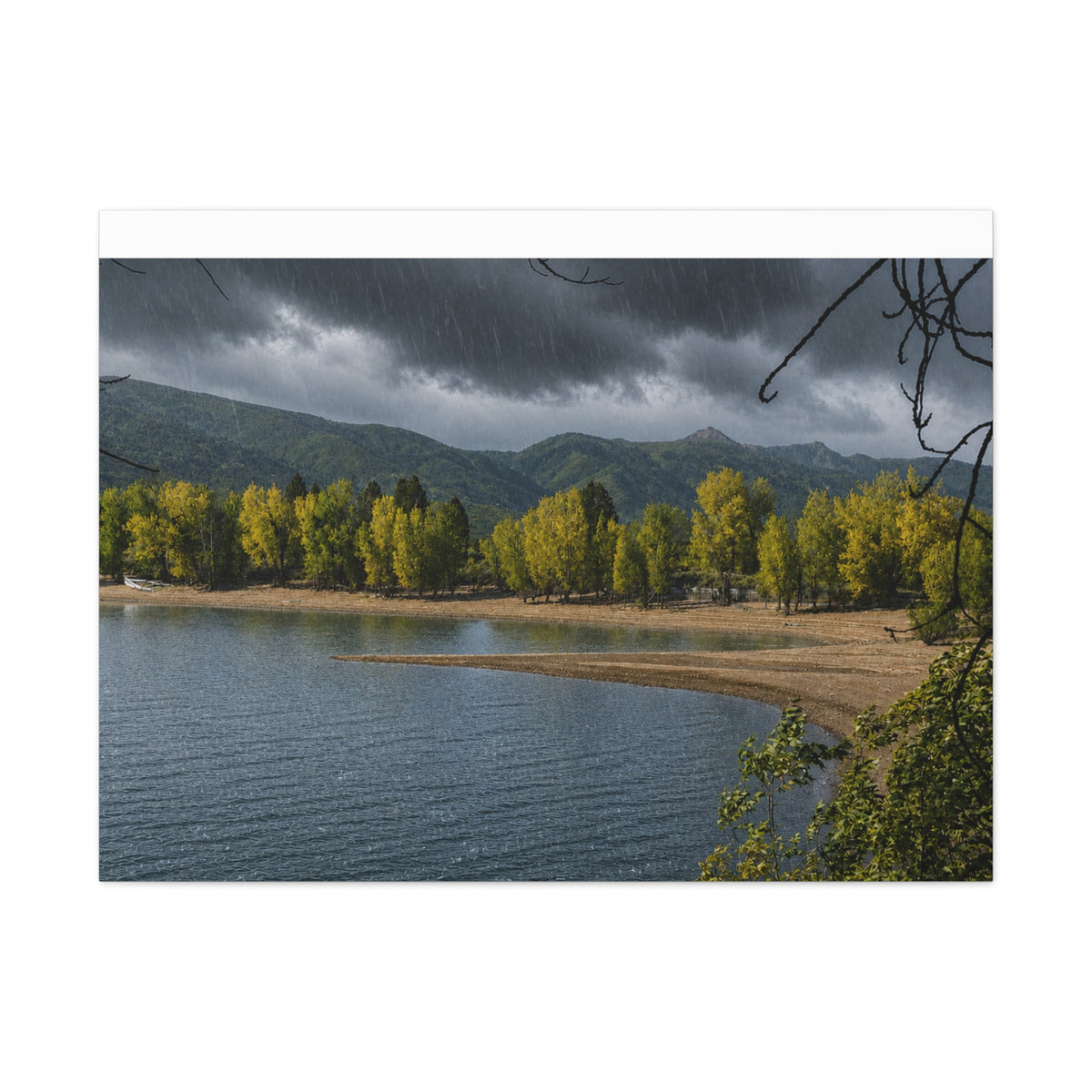 Lake Shore Whispers of Rain – Serene Lake Landscape Canvas Wall Art